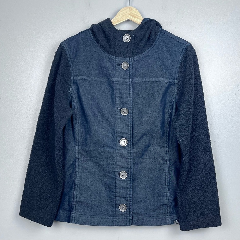 Prana Women's Black Denim & Fleece Hooded Button Up Jacket Size M; Outdoor